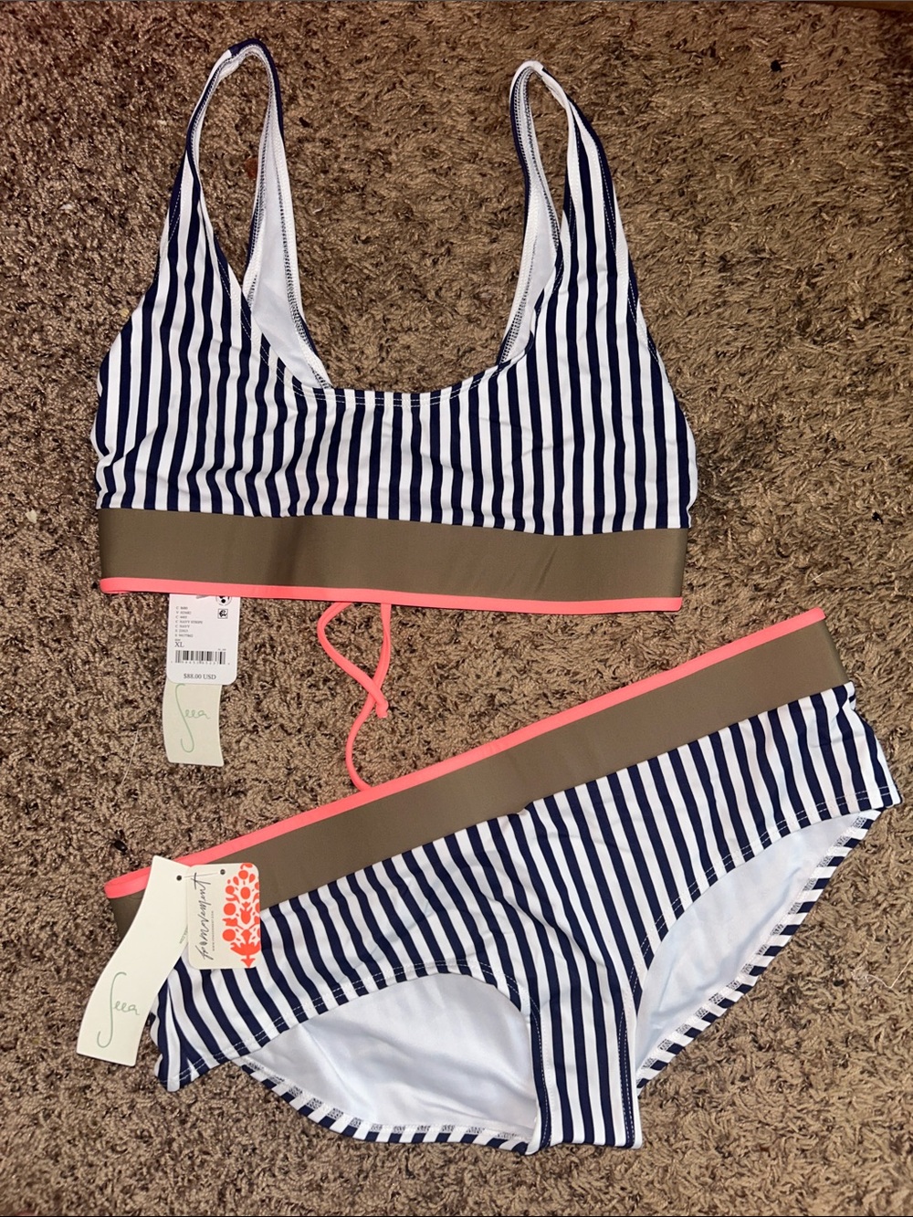 Seea Navy & White Striped Bikini with Taupe Band and Coral Trim NWT